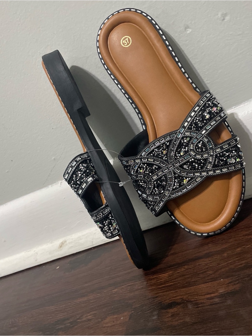 a new day Black Beaded Slide Sandals with Tan Footbed